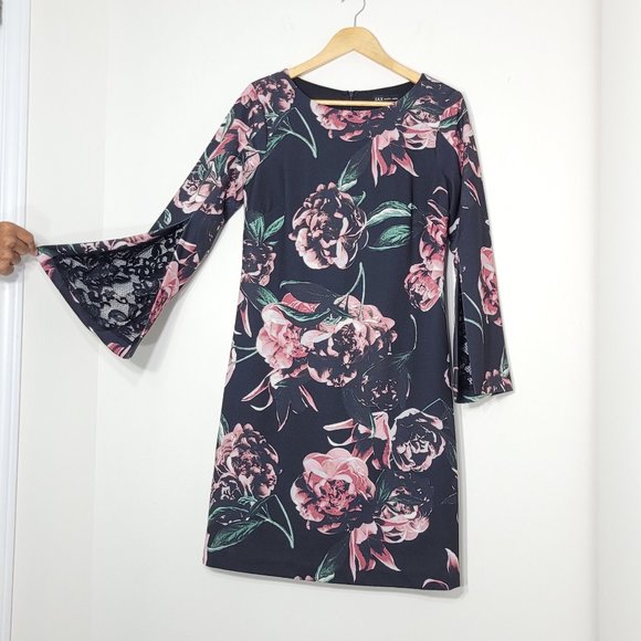 JAX Black Label Women Lace Black Pink Floral Bell Long Sleeve Round Neck Dress - Picture 8 of 13